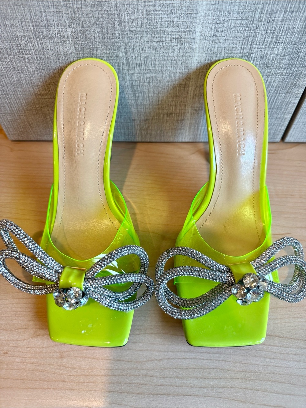 MACH&MACH Neon Rhinestone Bow Slide Heels Mules 38
